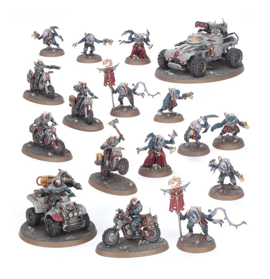 Warhammer Combat Patrol Genestealer Cults miniatures with alien creatures and armored vehicle