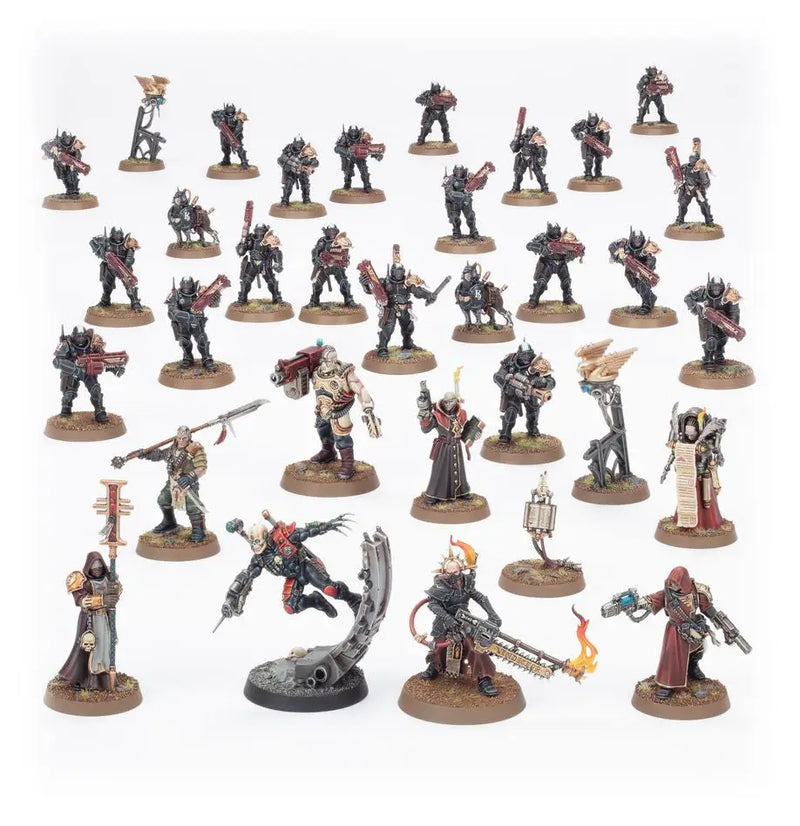 Painted Warhammer 40K Chaos Cultist miniatures on round bases for Combat Patrol Imperial Agents