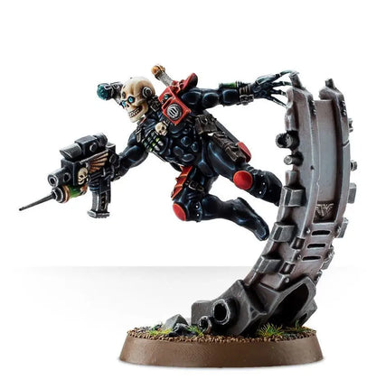 Futuristic armored warrior from Warhammer Combat Patrol: Imperial Agents leaping with gun