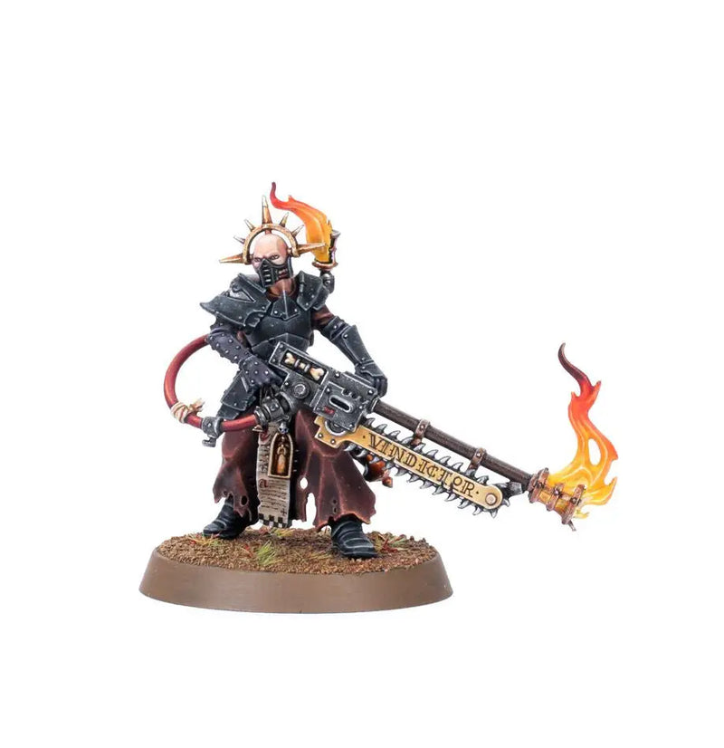 Miniature figure of a dark-armored warrior with a flaming chainsaw for Combat Patrol Imperial Agents