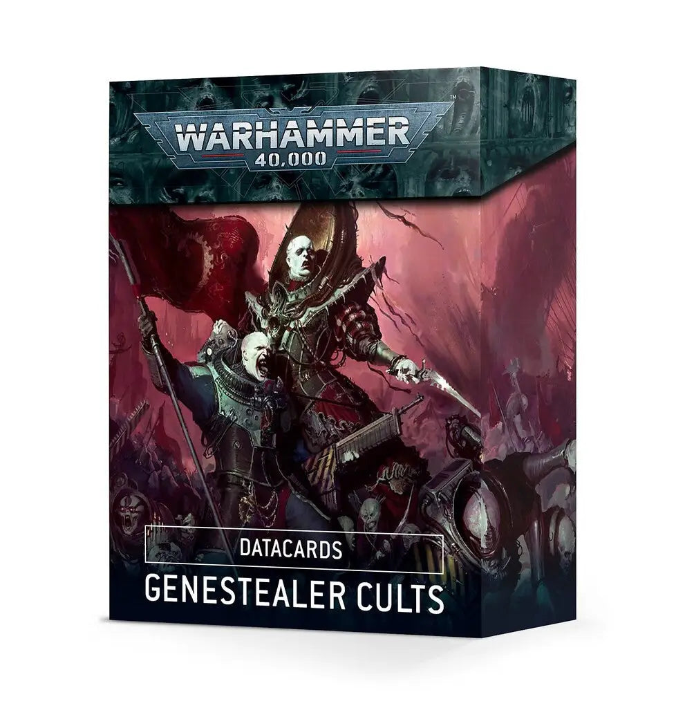 Box of Warhammer 40,000 Datacards for Genestealer Cults featuring psychic powers and strategies
