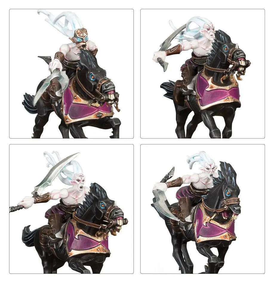 Fantastical warrior on dark horse with purple trappings from Warhammer Daughters of Khaine