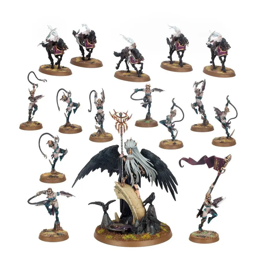 Winged skeletal figure surrounded by witch aelves in Warhammer Krethusa’s Cronehost