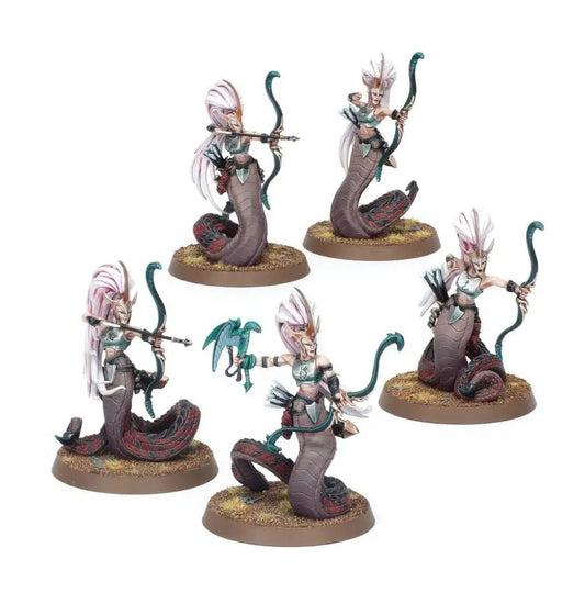 Painted miniature snake-women figurines with bows from Warhammer Daughters of Khaine Blood Sisters for close combat gameplay