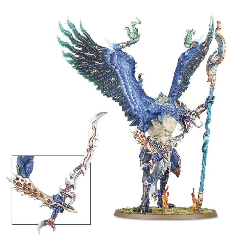 Fully painted miniature of a winged avian-headed creature with staff and ornate sword for Warhammer Tzeentch