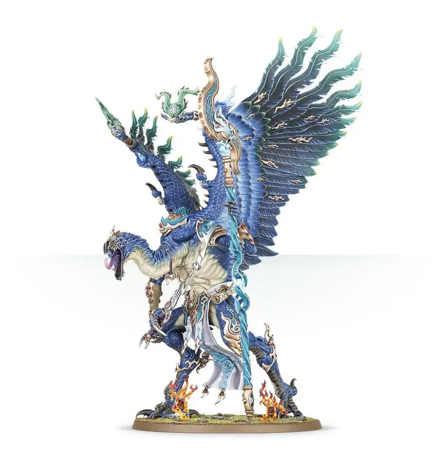 Painted miniature of winged draconic creature with avian features in blue teal gold and white