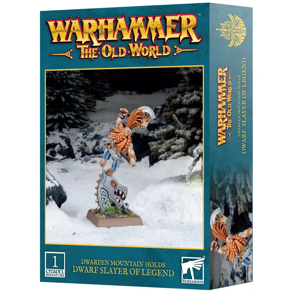 Warhammer Dwarfen Holds Slayer of Legend box with Dwarf warrior model for gaming and collecting
