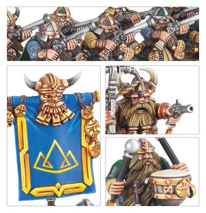 Painted Dwarf Quarrellers with Viking helmets and guns beside a blue geometric banner