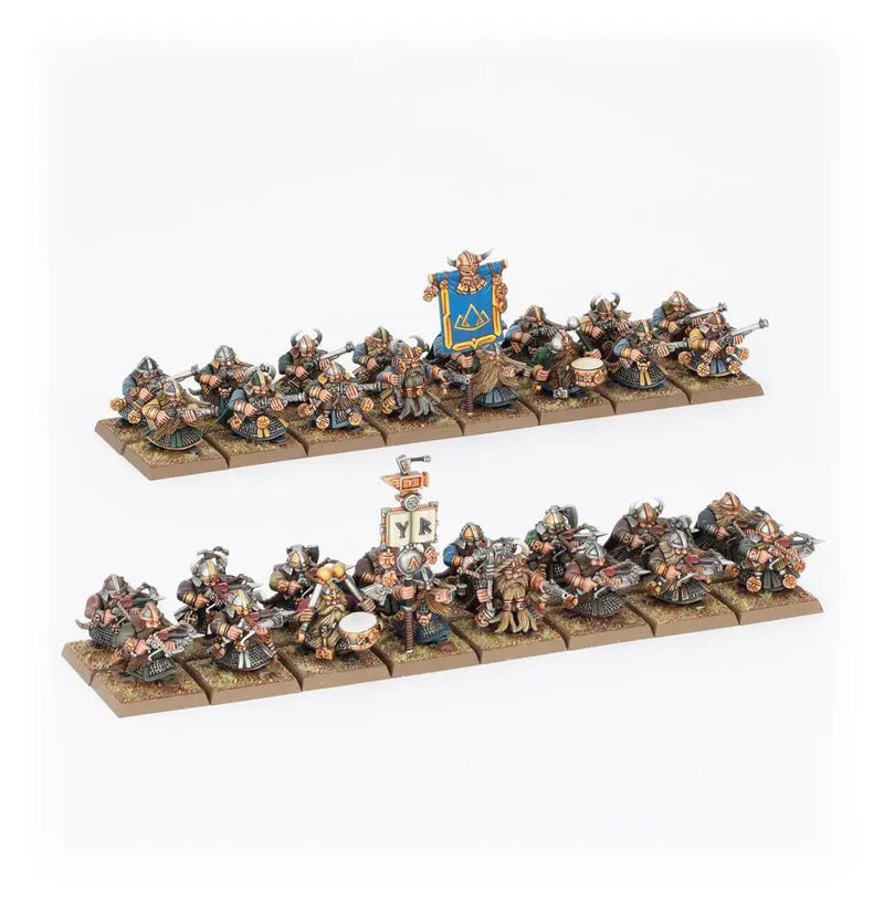 Two rows of painted Dwarf Quarrellers miniatures with banners from Warhammer Dwarfen Mountain Holds