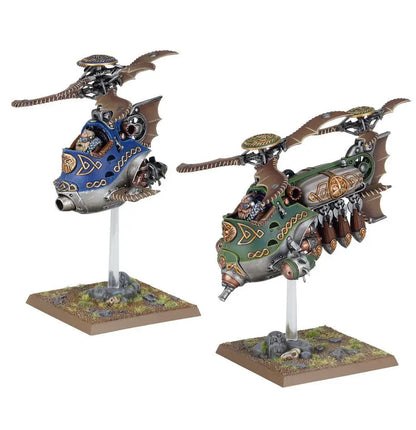 Steampunk gyrocopters with dragon wings in blue and green from Dwarfen Mountain Holds