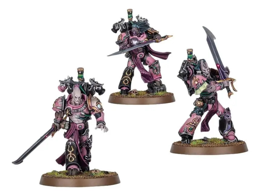 Three pink and black Warhammer 40K miniatures from Flawless Blades Emperor’s Children collection