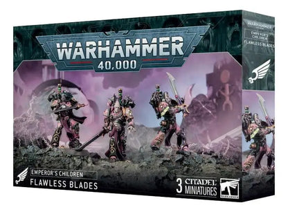 Warhammer Emperor’s Children Flawless Blades miniatures box with trading cards display
