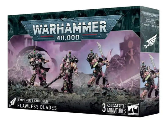 Warhammer Emperor’s Children Flawless Blades miniatures box with trading cards display