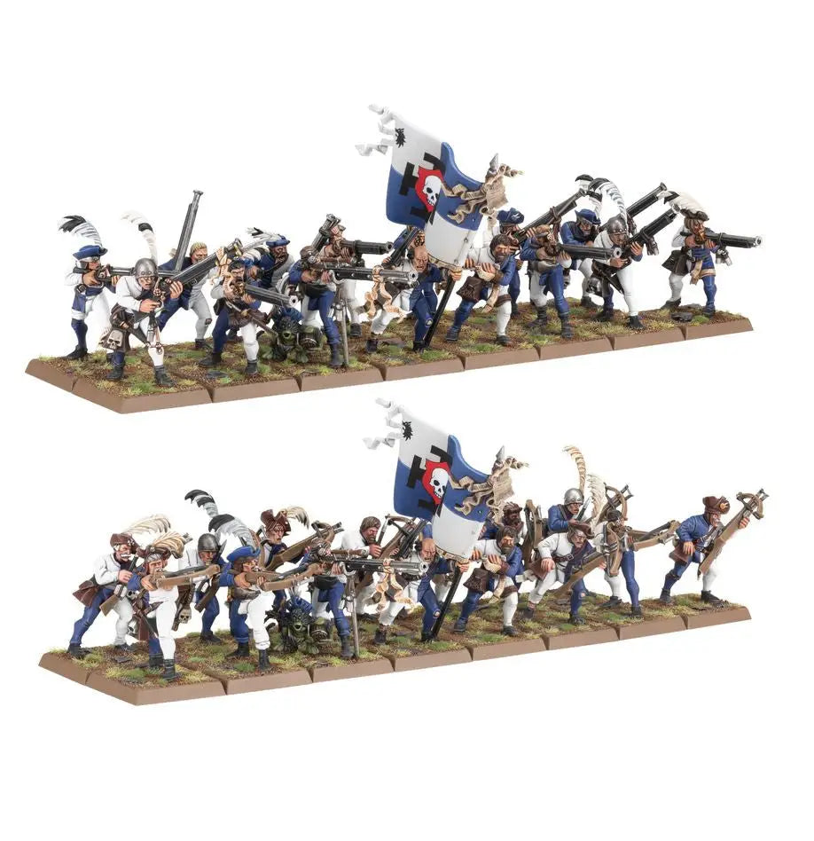 Miniature State Missile Troops in blue and white uniforms marching with muskets