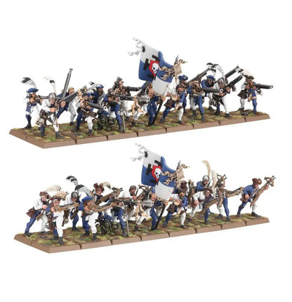 Miniature State Missile Troops in blue and white uniforms marching with muskets