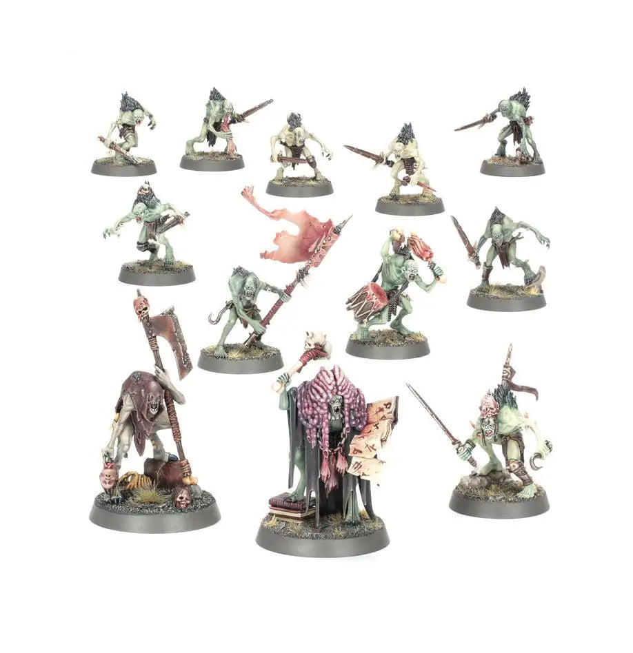 Painted miniature fantasy figures from Warhammer Flesh-Eater Courts boxed set builds featuring ghoul-like creatures and a robed leader for grand justice gormayne