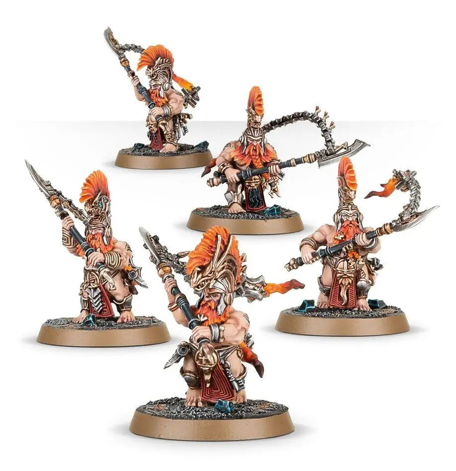 Six Hearthguard Berzerkers with orange mohawks and ur-gold runes, wielding axes