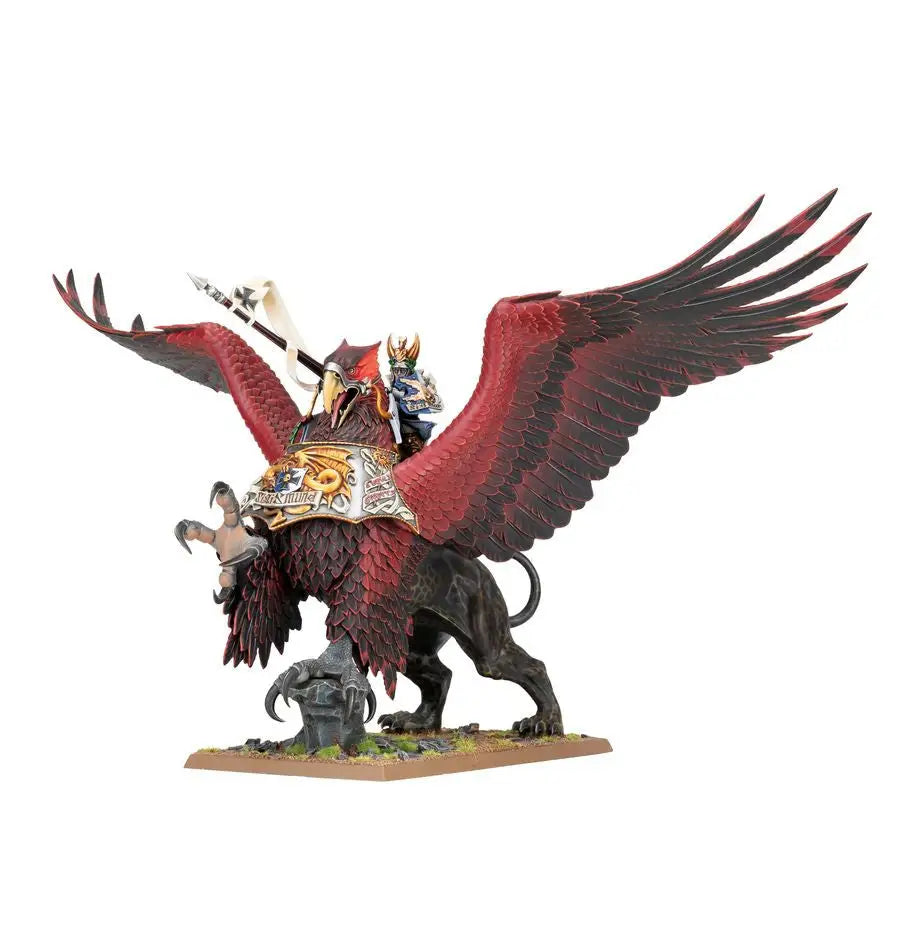 Armored warrior rides an Imperial Griffon with red wings and dark fur in Warhammer