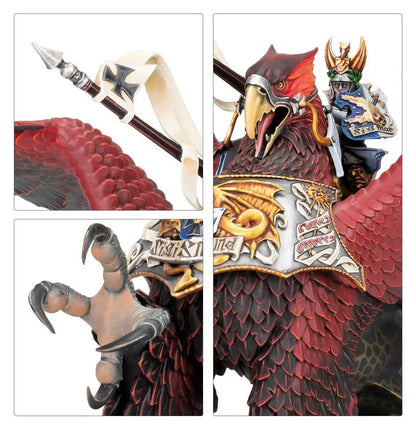 Medieval-style knight on Imperial Griffon dragon with detailed scales for Warhammer