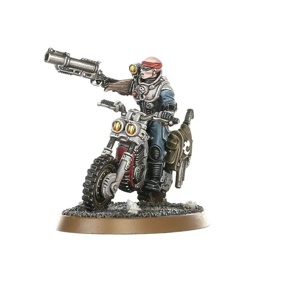 Miniature of Atalan Jackals rider brandishing a revolver on a dirt bike for Genestealer Cults