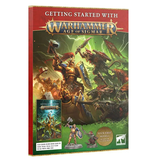 Warhammer Age of Sigmar starter set with miniatures and rulebook for tabletop wargame in the Mortal Realms