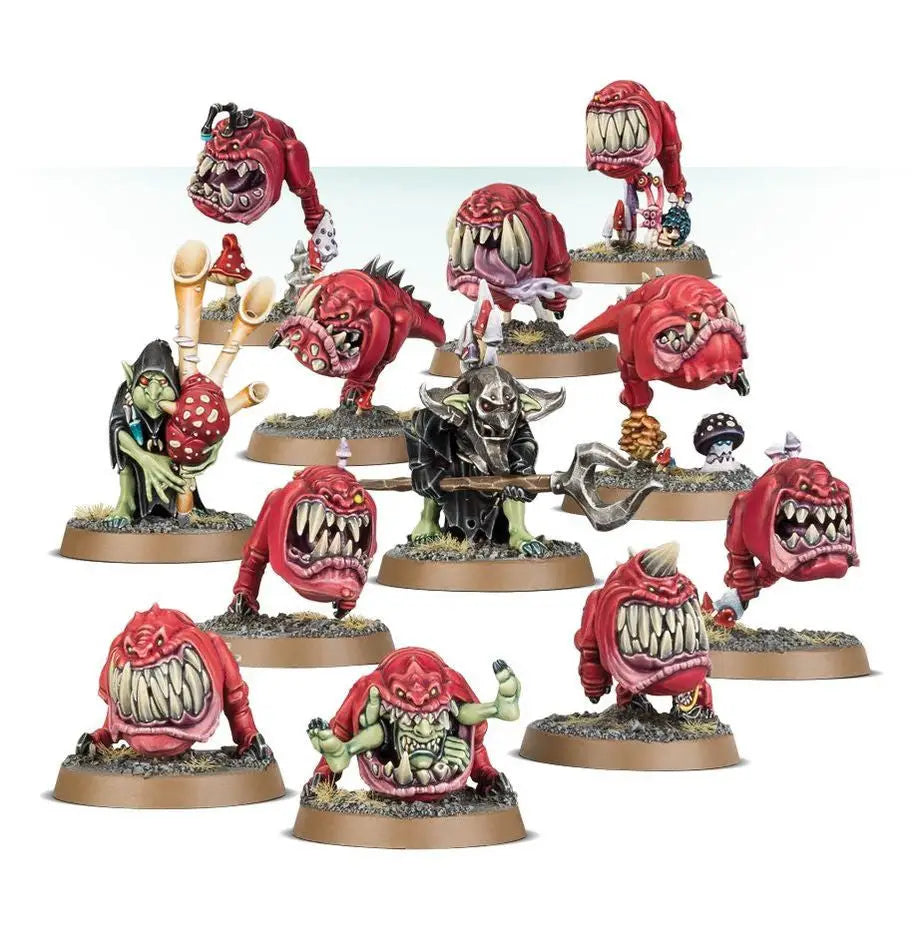 Red Gloomspite Gitz Squig miniatures with monstrous teeth in a Squig Herd collection