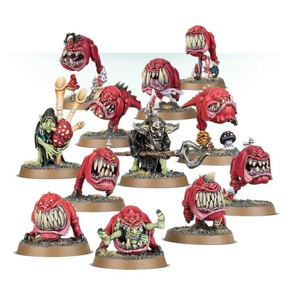 Red Gloomspite Gitz Squig miniatures with monstrous teeth in a Squig Herd collection