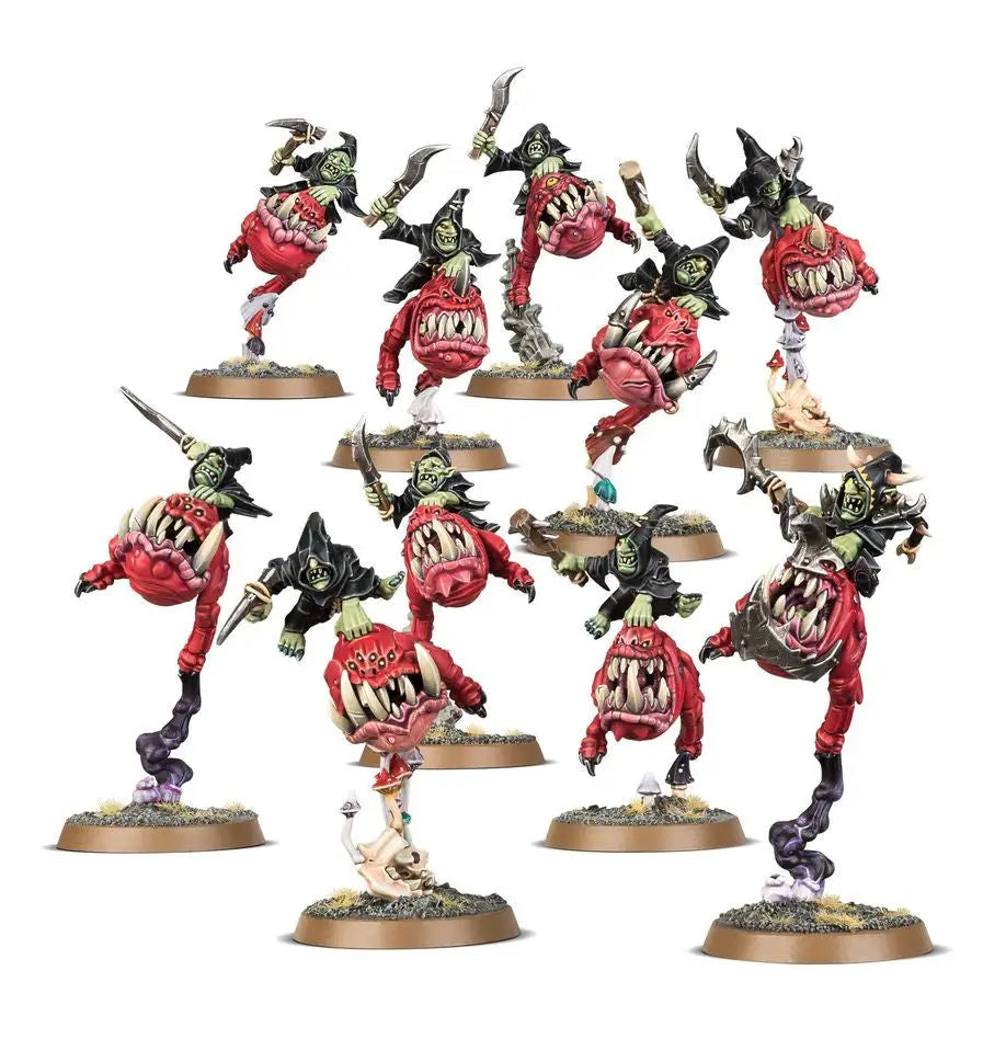 Painted miniature figures of Goblins riding monstrous squig hoppers from Warhammer GLOOMSPITE GITZ SQUIG HOPPERS