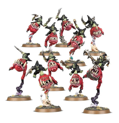 Painted miniature figures of Goblins riding monstrous squig hoppers from Warhammer GLOOMSPITE GITZ SQUIG HOPPERS
