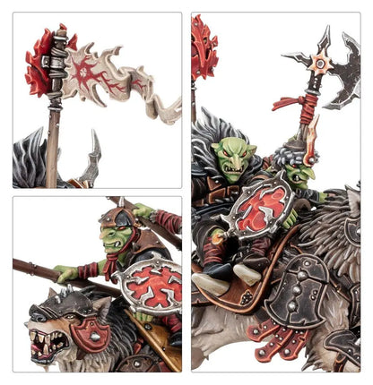 Orcish warboss on wolf in Warhammer Snarlpack Cavalry with giant snarlfangs