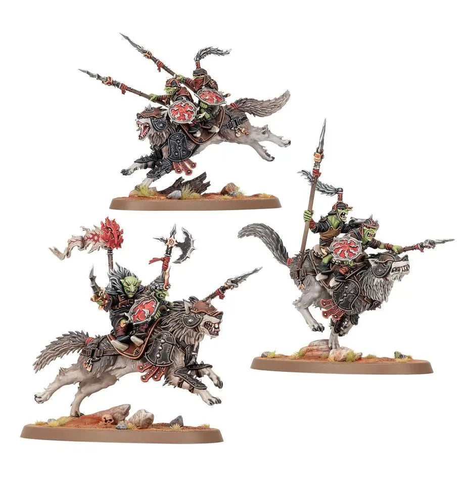 Three Orc Wolf Rider miniatures from Warhammer Snarlpack Cavalry on Giant Snarlfangs