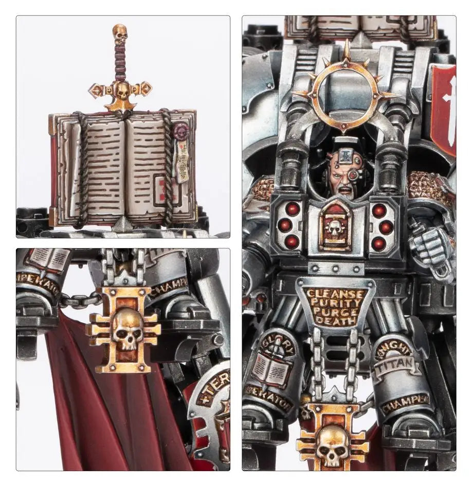 Miniature of Grey Knights Grand Master in Nemesis Dreadknight with religious iconography