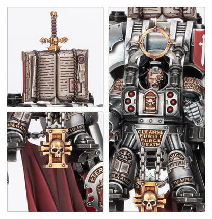 Miniature of Grey Knights Grand Master in Nemesis Dreadknight with religious iconography