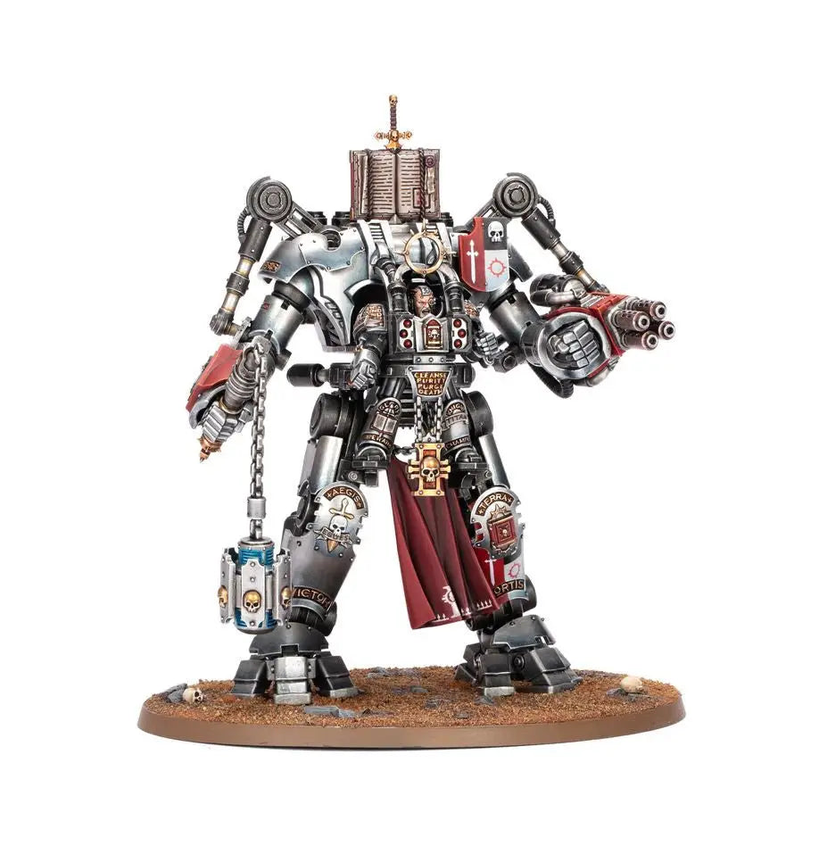 Highly detailed painted miniature of a Grey Knights Nemesis Dreadknight with grand master and melee weapons