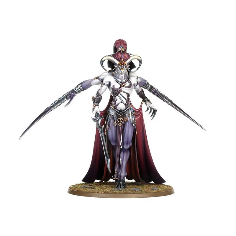 Miniature figure of a multi-limbed horned demon with sword and bladed gauntlets in flowing robes