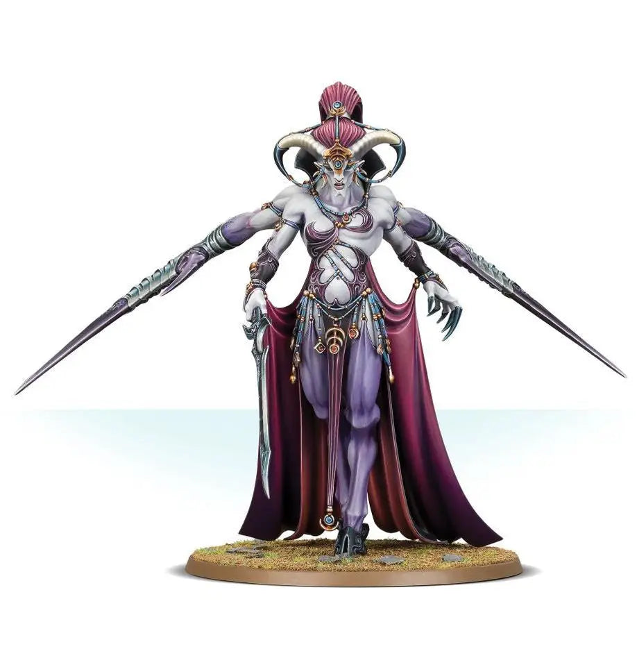 Miniature four-armed demoness figure with horns, purple cape, silver and gold adornments for Warhammer HEDONITES OF SLAANESH Keeper of Secrets