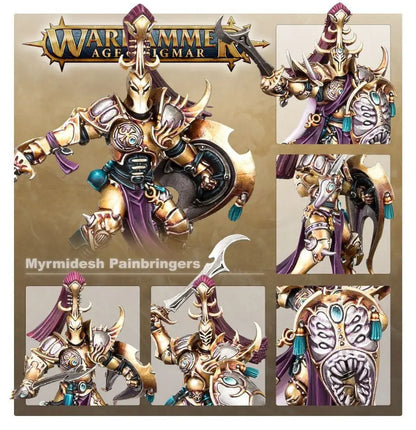 Miniature figures of Warhammer Age of Sigmar Myrmidesh Painbringers with detailed armor