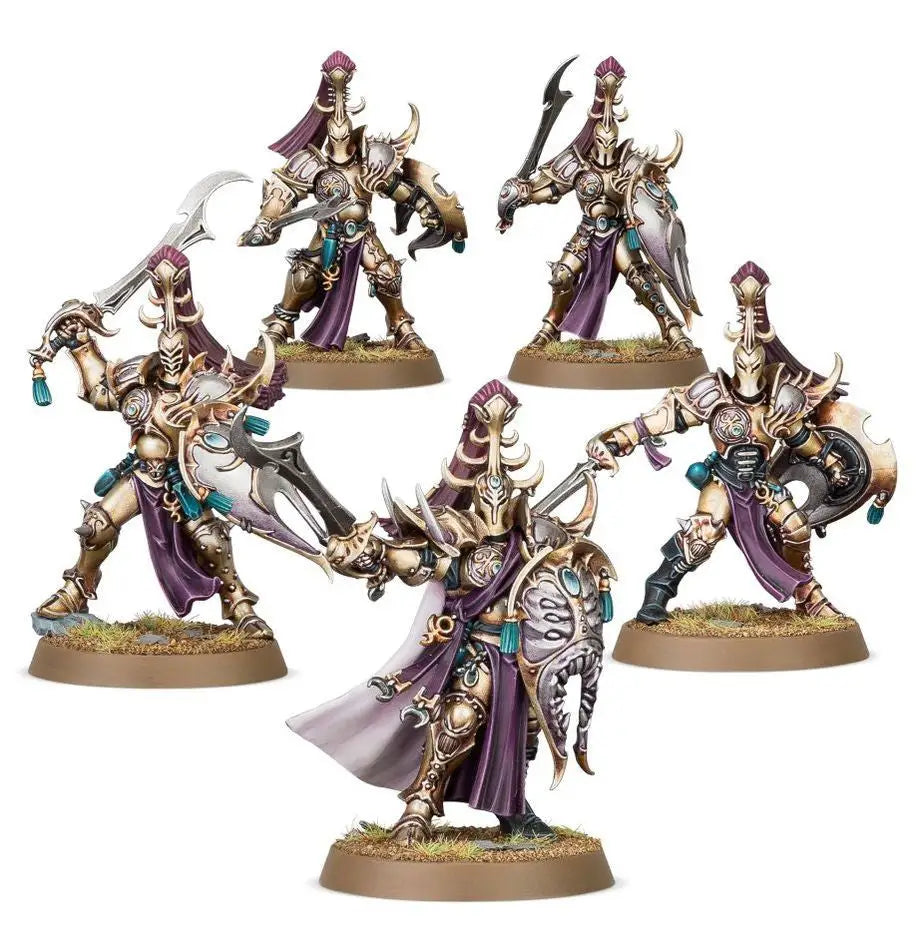 Set of five Warhammer HEDONITES OF SLAANESH MYRMIDESH PAINBRINGERS fantasy armored warriors with weapons and shields
