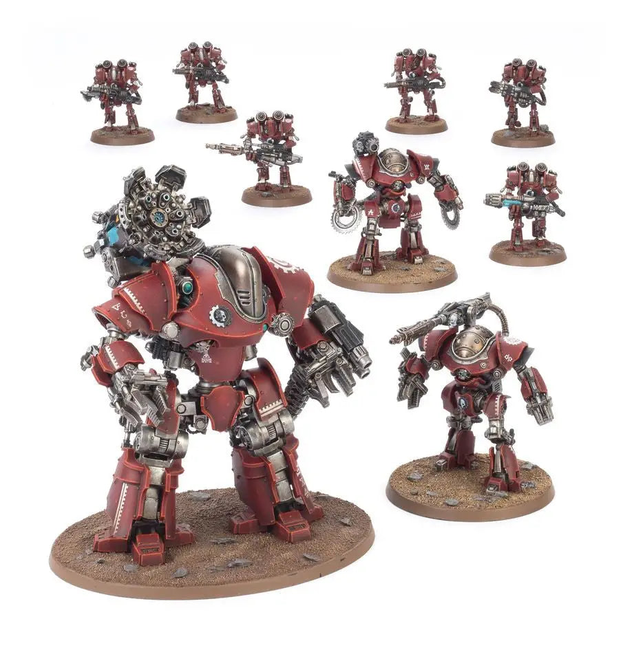 Red and silver miniature robot models from Warhammer HORUS HERESY Mechanicum Combat Force featuring shock chargers and Thanatar Cavas siege-automata