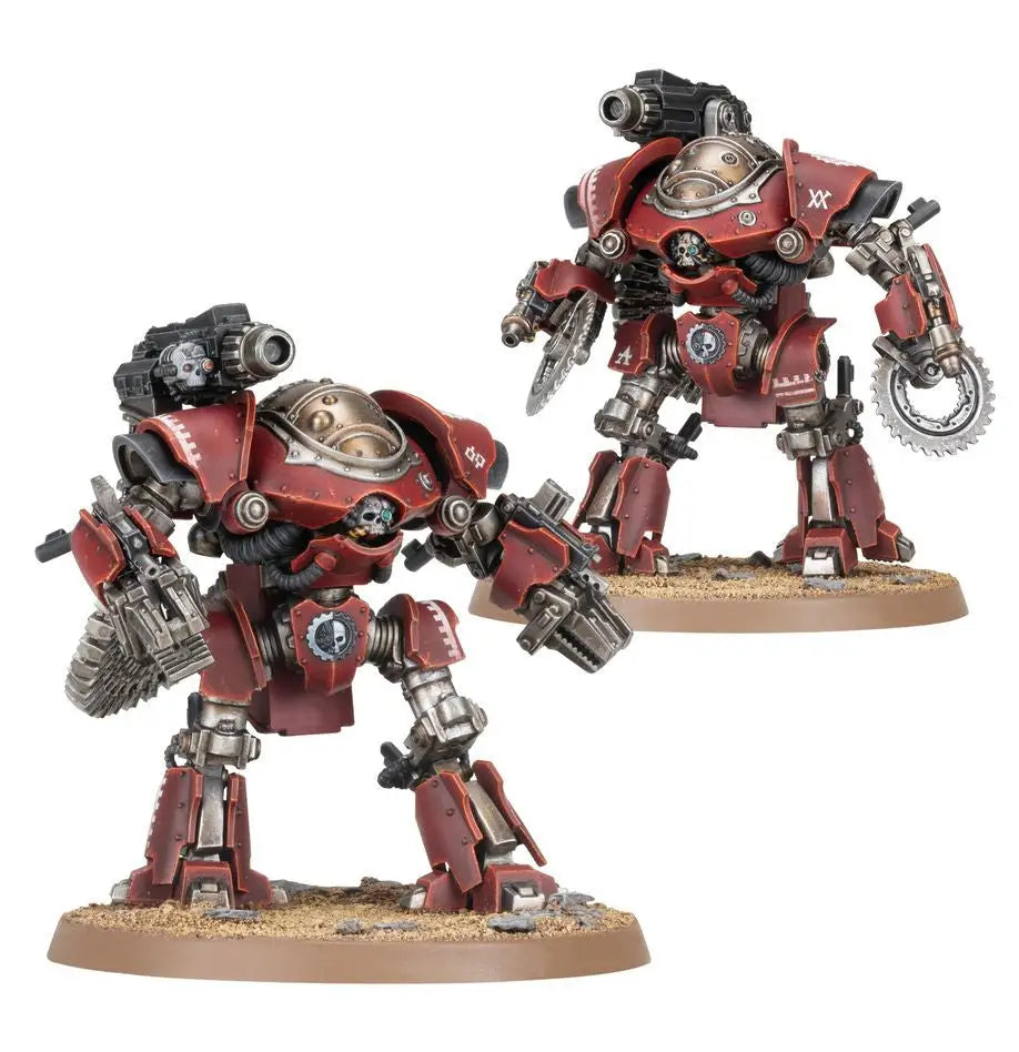 Red and silver armored robot models with weapon attachments from Warhammer HORUS HERESY Mechanicum Combat Force featuring shock chargers and Thanatar Cavas Siege-Automata