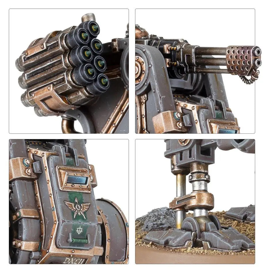 Futuristic Aethon Heavy Sentinel from Solar Auxilia with multi-barreled weapon and legs