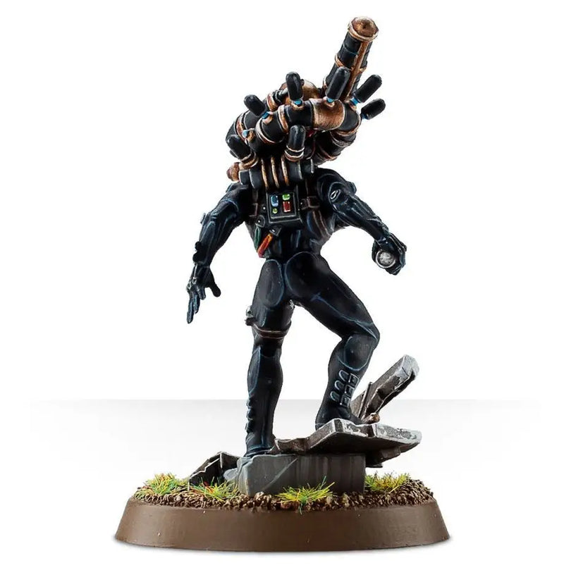 Futuristic Culexus Assassin figure aiming weapon with animus speculum in black armor