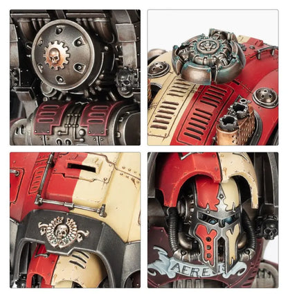Close-up of Warhammer Imperial Knights Questoris heavy stubber and intricate armor details