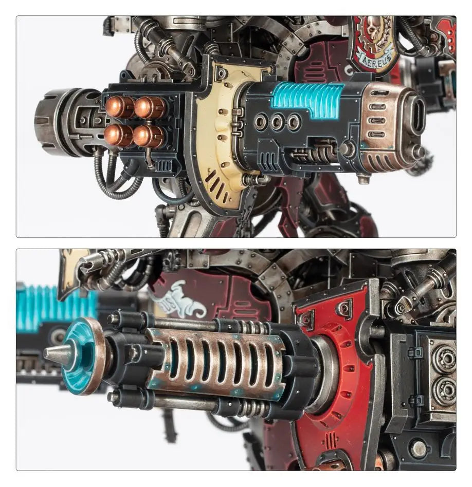 Close-up of detailed Warhammer Imperial Knights Questoris heavy stubber and missile launcher