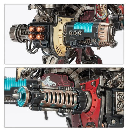Close-up of detailed Warhammer Imperial Knights Questoris heavy stubber and missile launcher