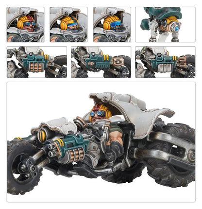 Miniature motorcycle with rider from Warhammer Svenotar Scout Trikes product line