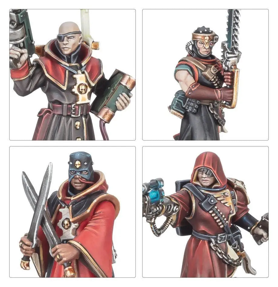 Four Inquisitorial Agents in red robes wielding weapons for Warhammer Kill Team