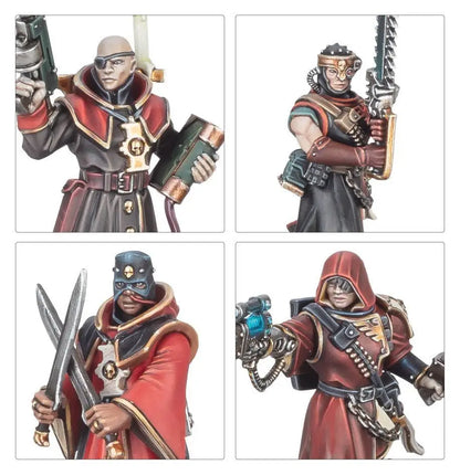 Four Inquisitorial Agents in red robes wielding weapons for Warhammer Kill Team