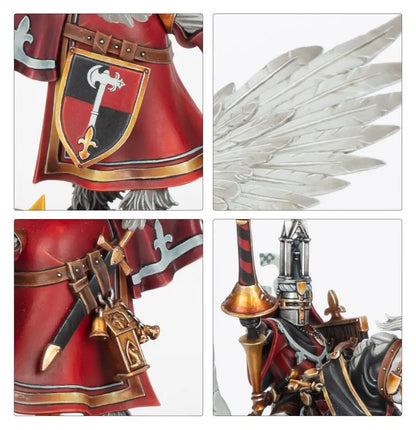 Ornate red and gold armor with heraldic symbols on Warhammer Royal Pegasus model