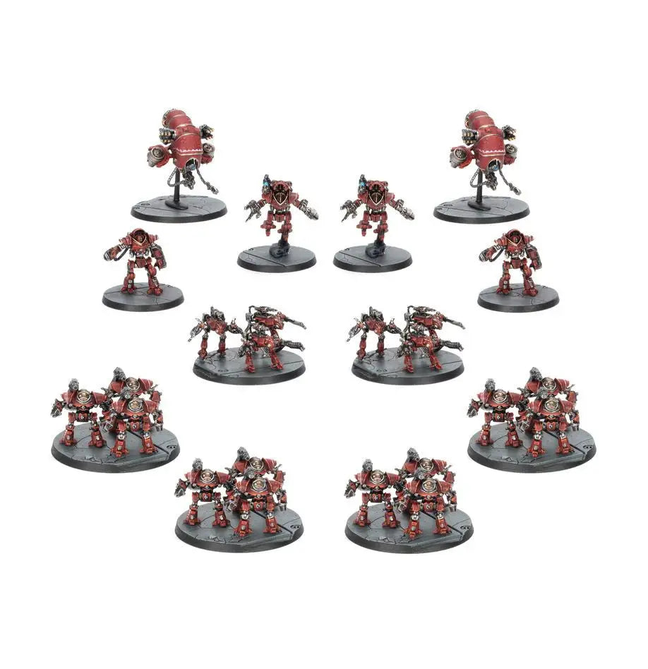 Collection of red metallic robotic figures on round bases from Warhammer Legions Imperialis